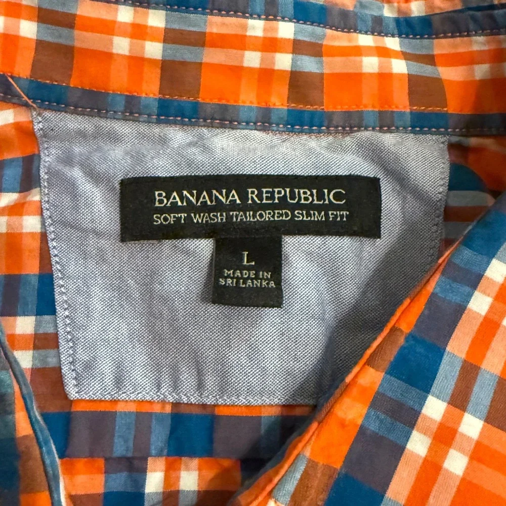 Banana Republic Mens Soft Wash Tailored Slim Fit Plaid Shirt Orange Blue L